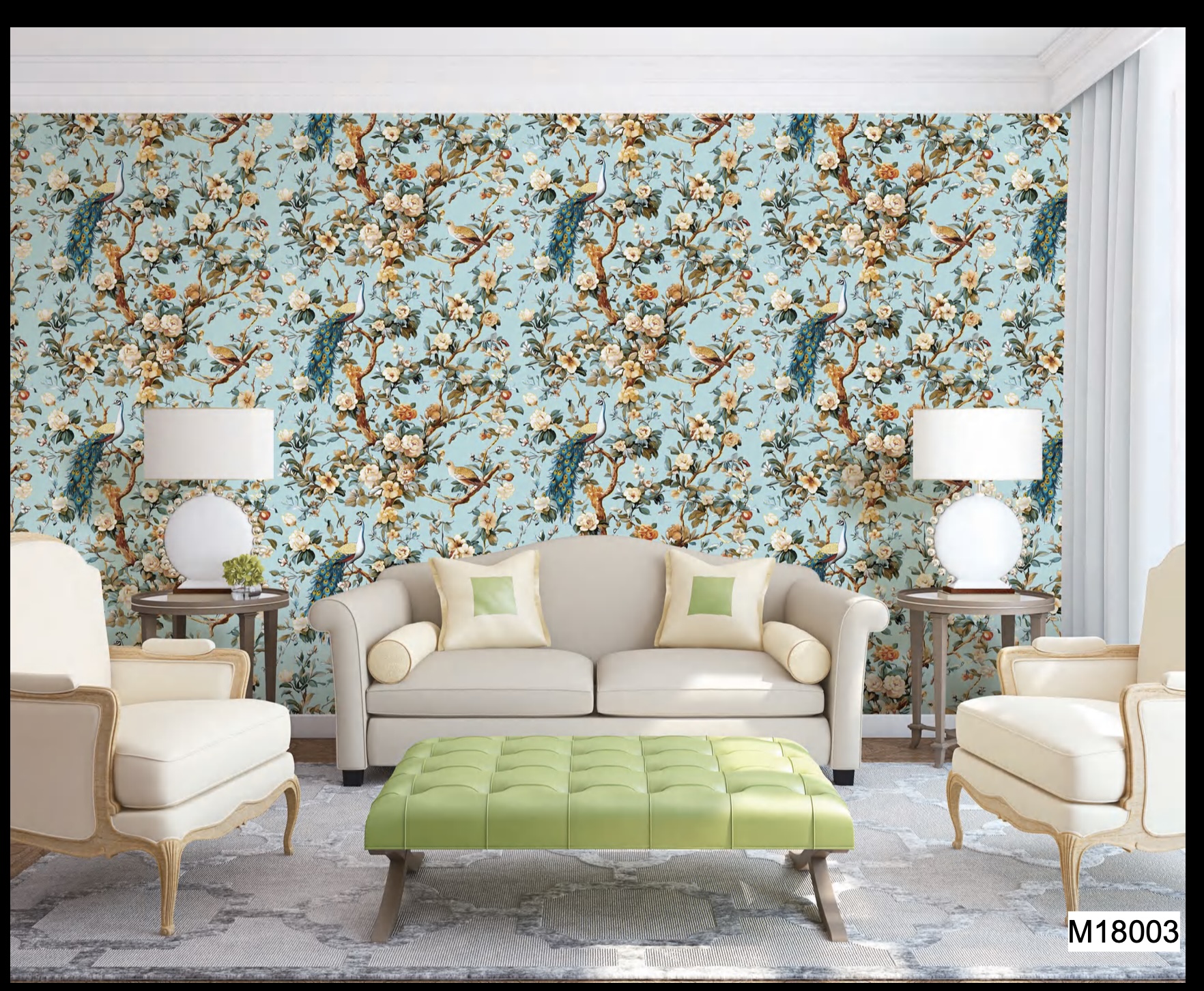 Patterned wallpaper on a living room feature wall