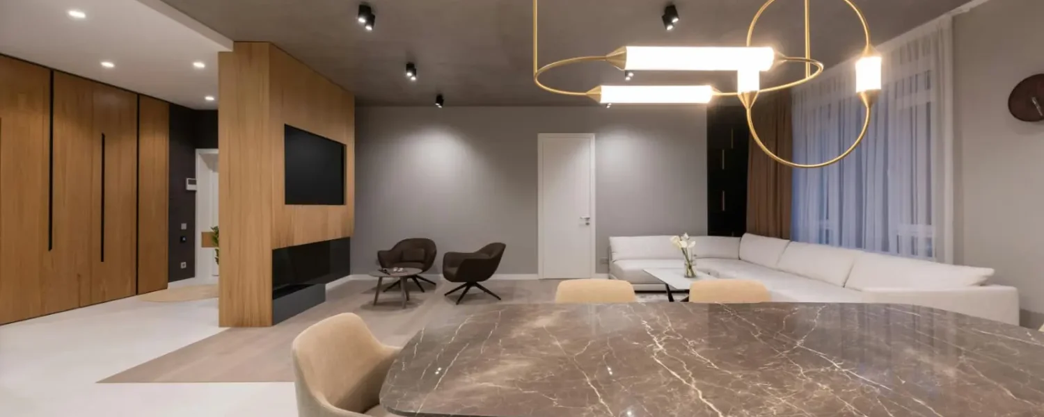 Modern living room interior with stylish flooring and wall decor