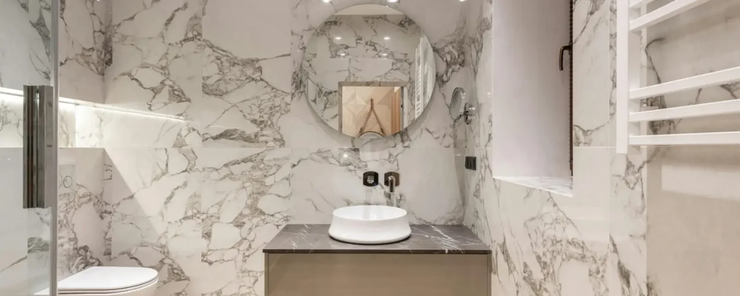 bathroom interior with premium wall coverings and flooring design